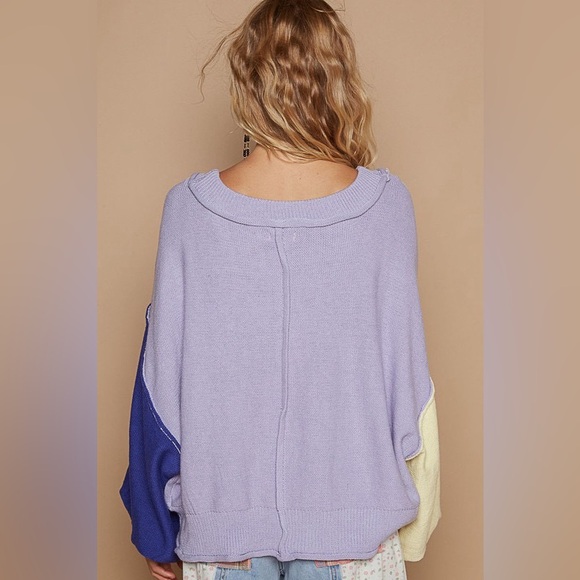 POL Exposed Seam Contrast V-Neck Lantern Sleeve Sweater 10010098578 - Picture 2 of 3